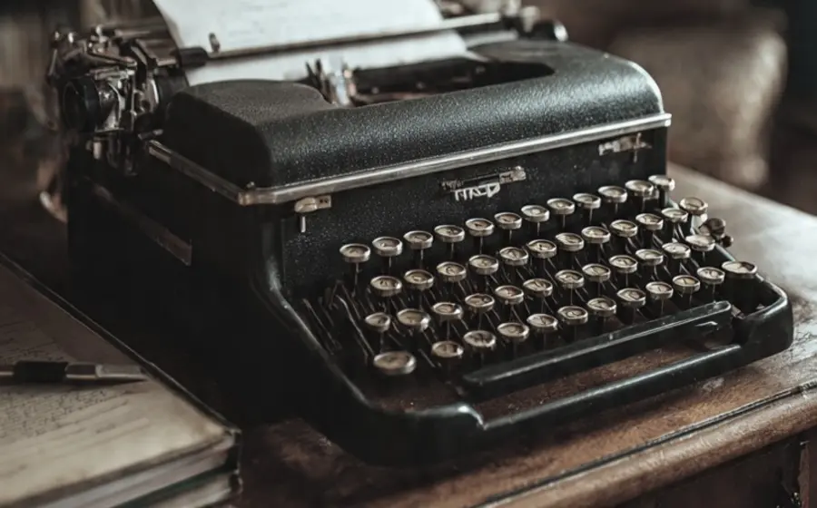 Un escritor reflexiona frente a su máquina de escribir y papeles, evocando la melancolía de crear cuentos y novelas que nadie ha leído.