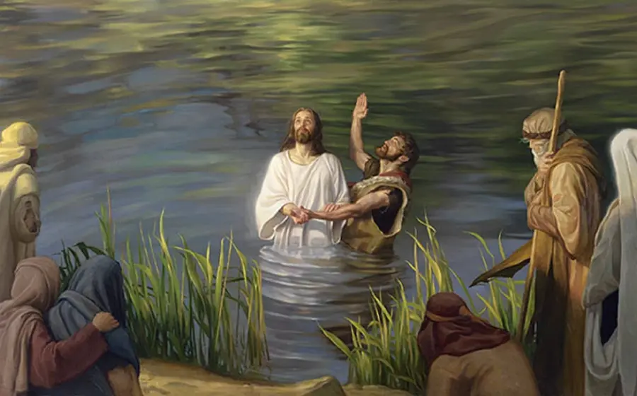 Ilustración del bautismo de Jesús en el río Jordán, momento en que Dios lo proclama 'mi Hijo muy amado' en el evangelio dominical.