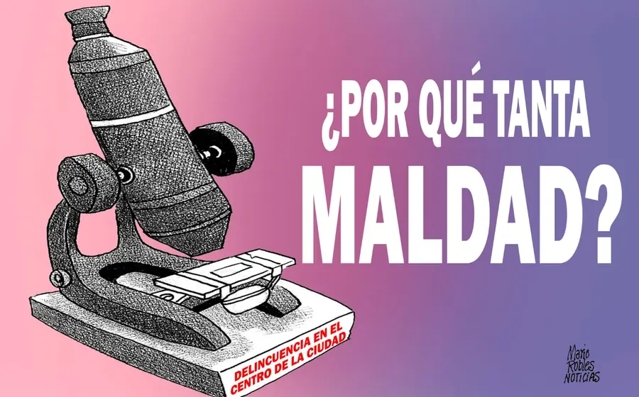 Cartón del caricaturista Mario Robles que ilustra la persistente violencia, los asaltos y la creciente percepción de inseguridad en la sociedad.
