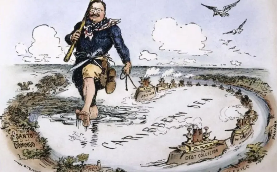 Caricatura de 1904 por William Allen Rogers que muestra a Theodore Roosevelt aplicando su política del 'Gran Garrote' en el Caribe.