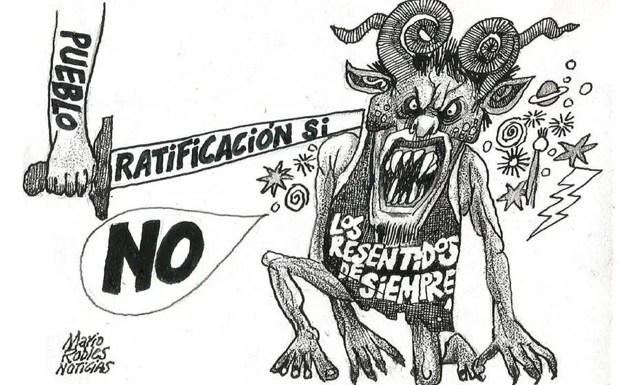 Cartón político del monero Mario Robles que ilustra el concepto de la democracia como un poder que solo se mantiene si se ejerce activamente.