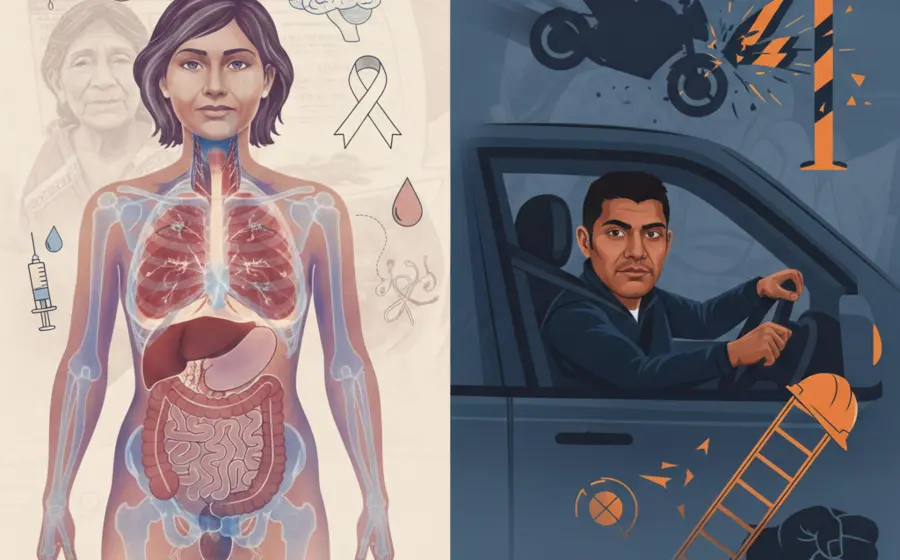 Ilustración que compara las principales causas de muerte por género en Oaxaca, mostrando a mujeres luchando contra enfermedades y a hombres enfrentando peligros.