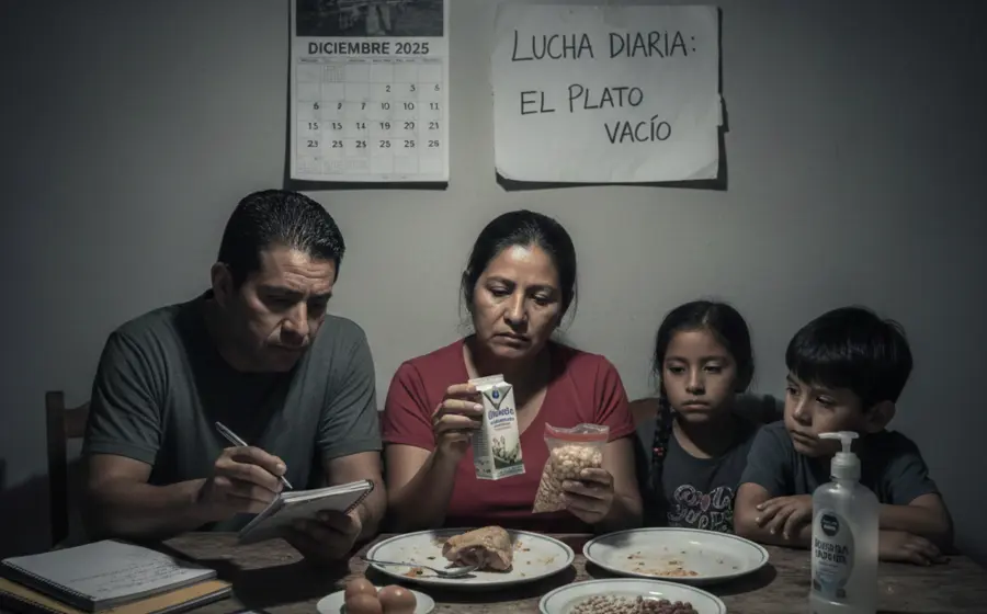 Una canasta con alimentos básicos como huevo, frijol y pollo, que simboliza el alza de precios y la crisis en la economía familiar.