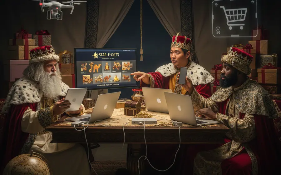 Los Reyes Magos realizan la compra de juguetes y regalos en línea, navegando entre ofertas y advertencias sobre posibles fraudes digitales.