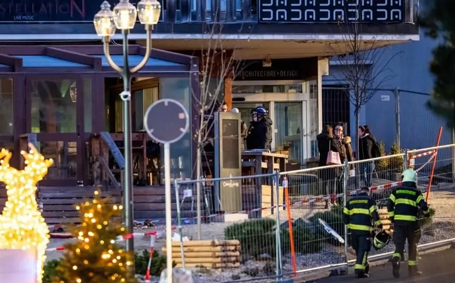 Imagen de la investigación en curso en el bar que fue incendiado en Suiza, donde las autoridades buscan esclarecer los hechos.