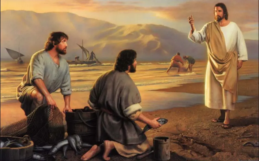 Una representación de Jesús llamando a sus primeros discípulos junto al mar, invitándolos a convertirse en 'pescadores de hombres' para anunciar el Reino.