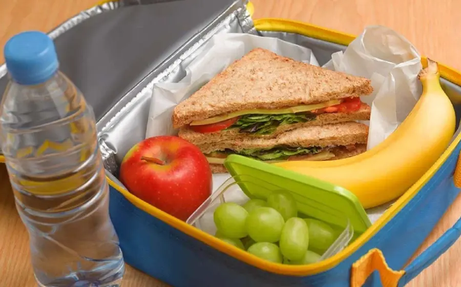 Una lonchera escolar abierta que muestra un lunch saludable y equilibrado con frutas, verduras y un sándwich, clave para el rendimiento académico.