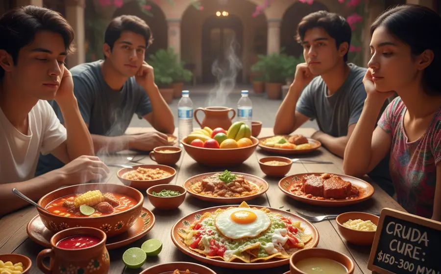 Varios platillos típicos de Oaxaca servidos en una mesa, conocidos por ser un remedio efectivo para aliviar la cruda o resaca.