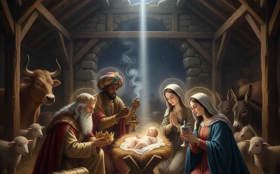 Una representación de los Tres Reyes Magos, Melchor, Gaspar y Baltasar, adorando al niño Jesús en el pesebre durante la celebración de la Epifanía.