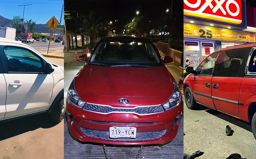 Los tres vehículos con reporte de robo que fueron recuperados por la Policía Vial Estatal, vistos estacionados juntos para la fotografía.