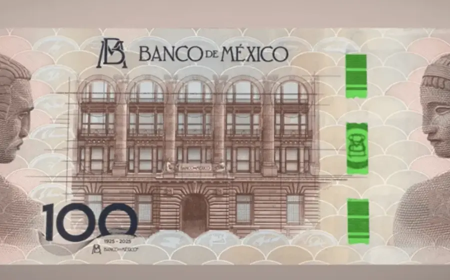 El nuevo billete conmemorativo lanzado por Banxico para celebrar su centenario, una pieza de colección que no es válida para realizar pagos.