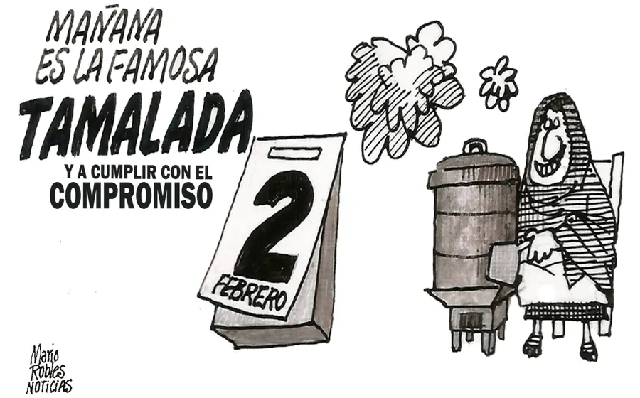 Caricatura editorial del artista Mario Robles que ilustra la tradición del 2 de febrero en México, combinando elementos de fe, maíz y memoria popular.