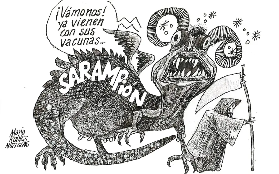Cartón del caricaturista Mario Robles que ilustra el regreso del sarampión, presentado como un viejo enemigo que amenaza la salud pública.
