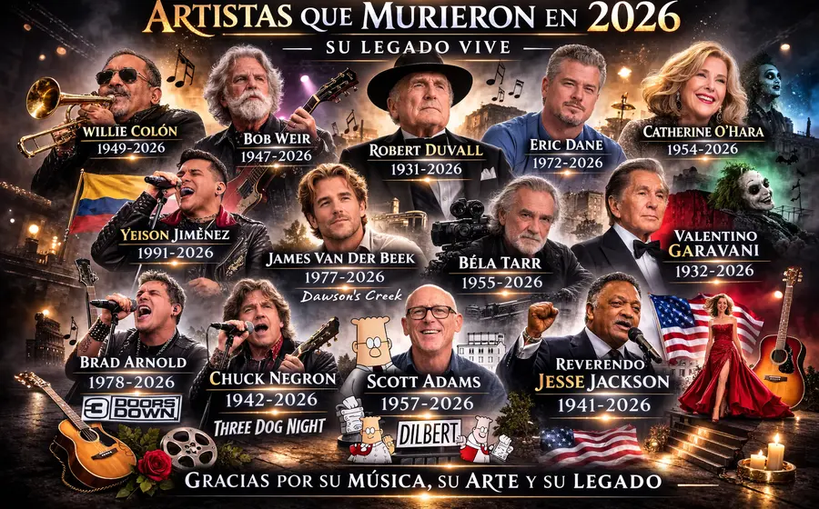 Un collage con los retratos de las celebridades y estrellas del espectáculo que han fallecido durante el transcurso del año 2026.