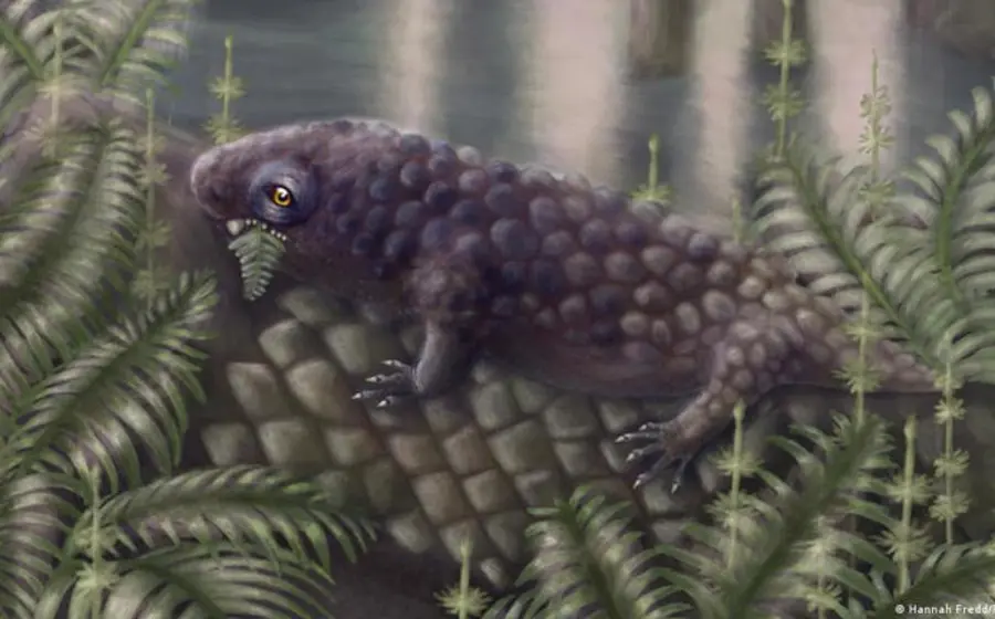 Ilustración del Tyrannoroter heberti, el vertebrado herbívoro terrestre más antiguo descubierto, cuyo fósil data de hace 307 millones de años.