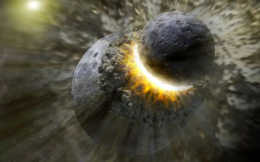 Ilustración de la colisión entre el planeta Theia y la Proto-Tierra, cuyos restos se cree que todavía existen en el interior terrestre.