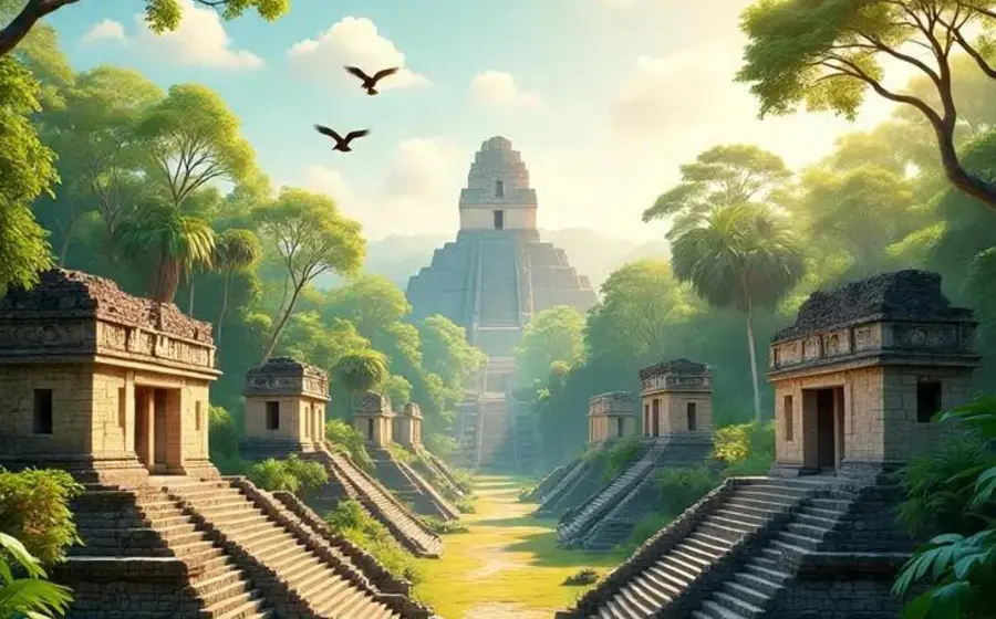 Una simulación creada por inteligencia artificial que muestra un escenario histórico alternativo de la zona arqueológica de Palenque sin influencia europea.