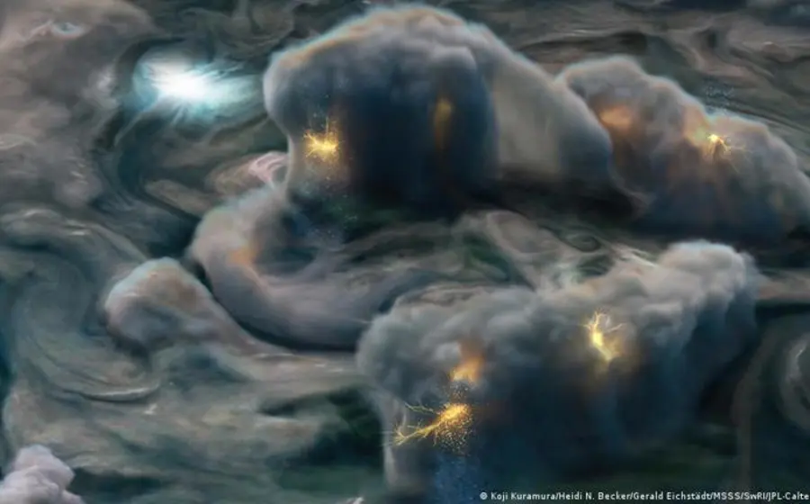 Una impactante fotografía que muestra las poderosas y turbulentas tormentas eléctricas iluminando la atmósfera superior del gigante gaseoso, el planeta Júpiter.