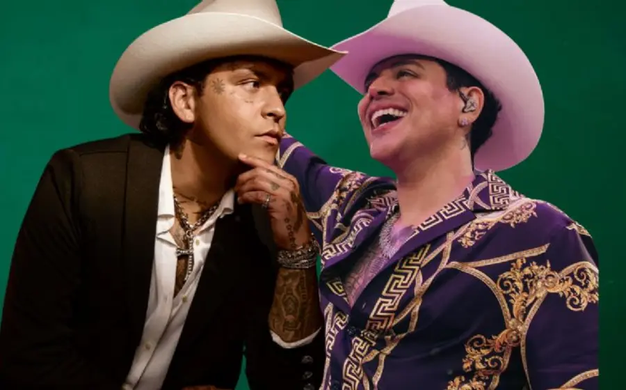 Un fotomontaje de Christian Nodal y Grupo Firme, artistas cuyas letras de canciones son comparadas por una posible controversia de plagio.