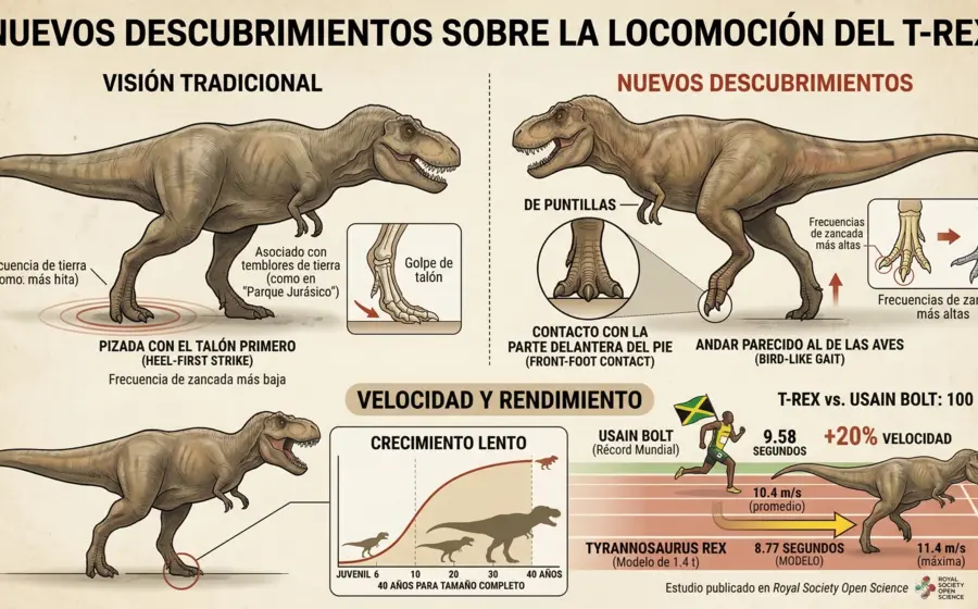 Infografía que compara la velocidad máxima del Tyrannosaurus rex con la del corredor Usain Bolt, ilustrando el nuevo hallazgo científico.