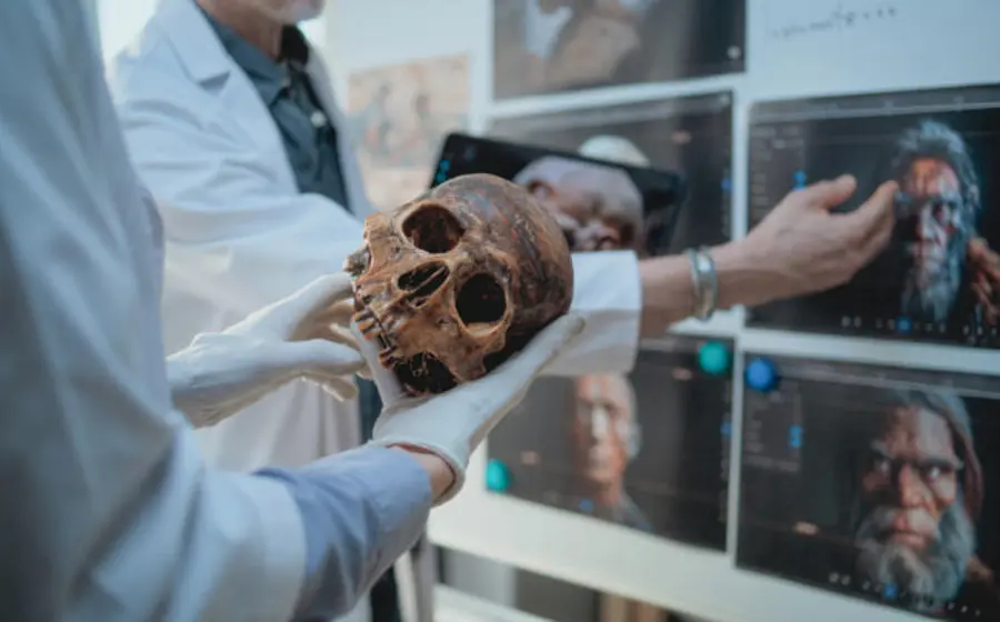 Una reconstrucción del Homo habilis, considerado el primer humano, mostrando su habilidad para crear herramientas de piedra o industria lítica.