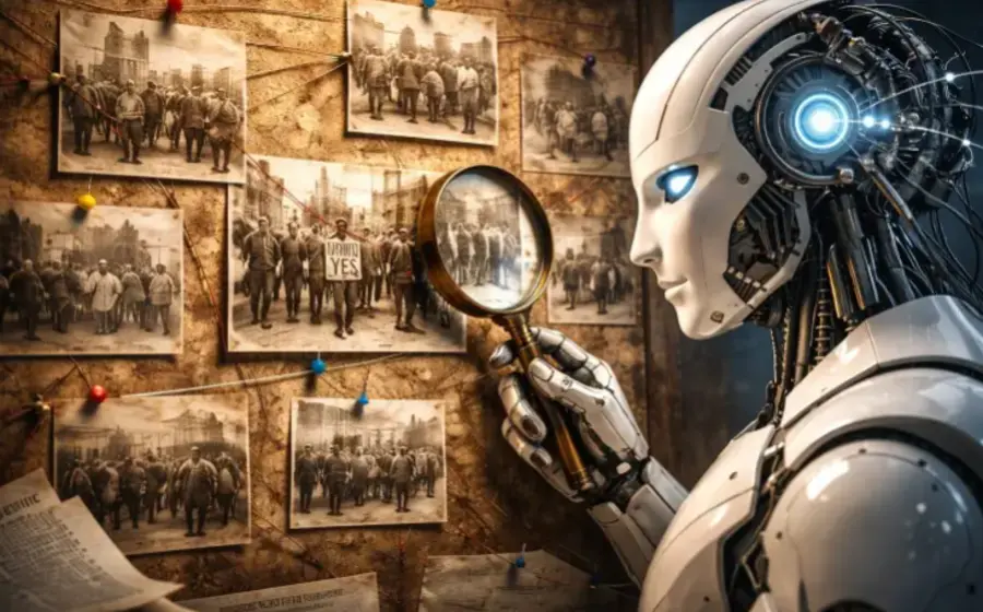 Una ilustración conceptual que muestra cómo los resúmenes históricos generados por inteligencia artificial influyen y alteran la opinión pública sobre el pasado.