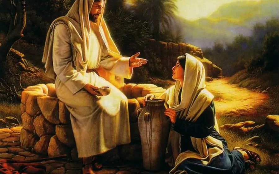 Una representación artística de Jesús conversando con la mujer samaritana junto al pozo de Jacob, ofreciéndole el agua que quita la sed para siempre.