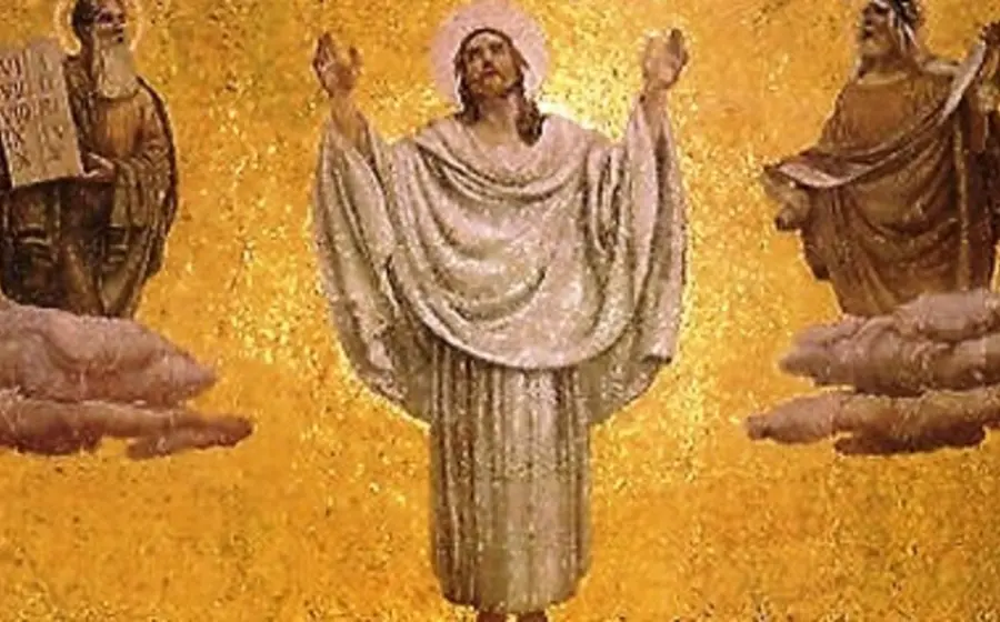 Una ilustración religiosa que muestra a los profetas Moisés y Elías dando testimonio de que Jesús es el Mesías, en referencia a la Transfiguración.