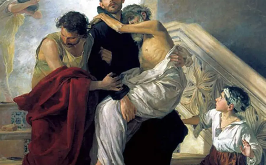 Una pintura o grabado histórico de San Juan de Dios, figura religiosa que fue declarada santa oficialmente en el año 1690.