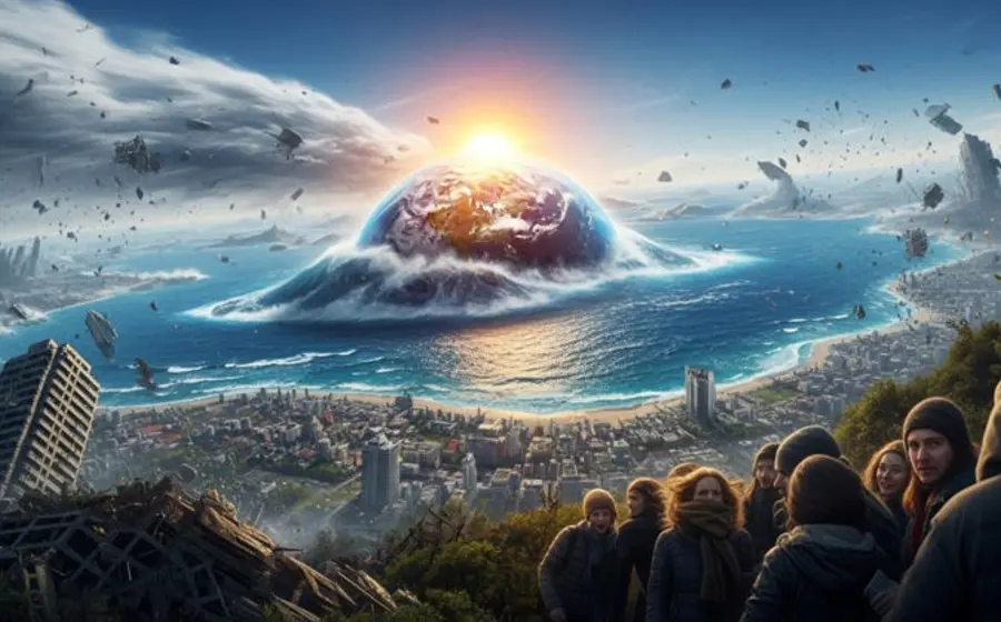 Ilustración conceptual del planeta Tierra deteniendo su rotación, lo que causa que todo en su superficie salga despedido a velocidad supersónica.