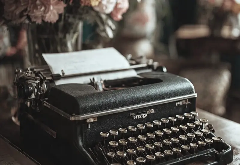 Un escritor reflexiona frente a su máquina de escribir y papeles, evocando la melancolía de crear cuentos y novelas que nadie ha leído.