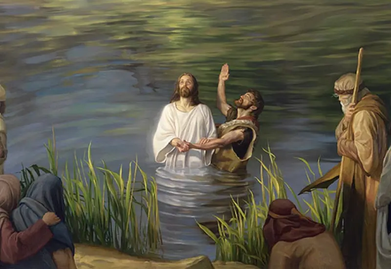 Ilustración del bautismo de Jesús en el río Jordán, momento en que Dios lo proclama 'mi Hijo muy amado' en el evangelio dominical.