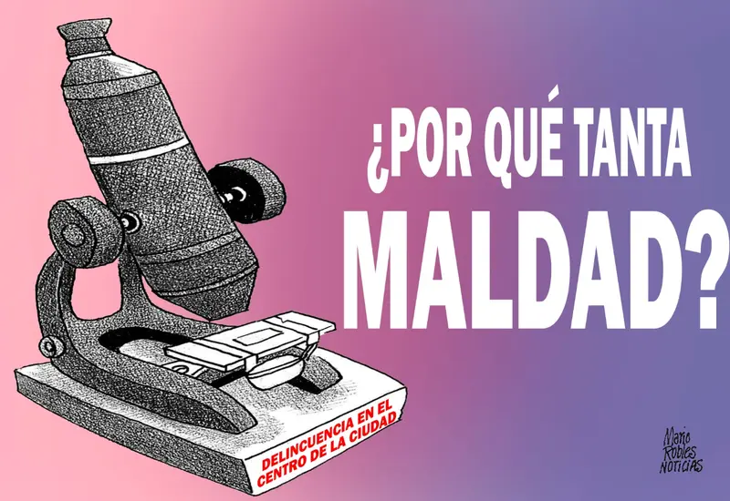 Cartón del caricaturista Mario Robles que ilustra la persistente violencia, los asaltos y la creciente percepción de inseguridad en la sociedad.