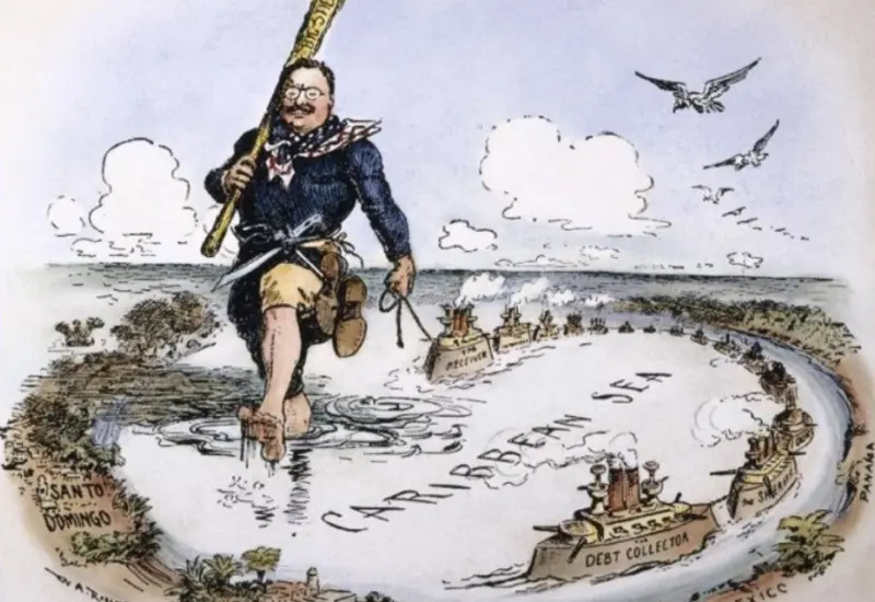 Caricatura de 1904 por William Allen Rogers que muestra a Theodore Roosevelt aplicando su política del 'Gran Garrote' en el Caribe.
