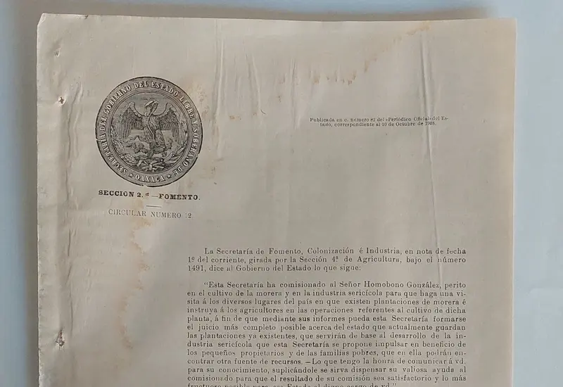 Documento del Periódico Oficial que muestra la comisión asignada a Homobono González para el plan de rescate de la sericultura en Oaxaca.