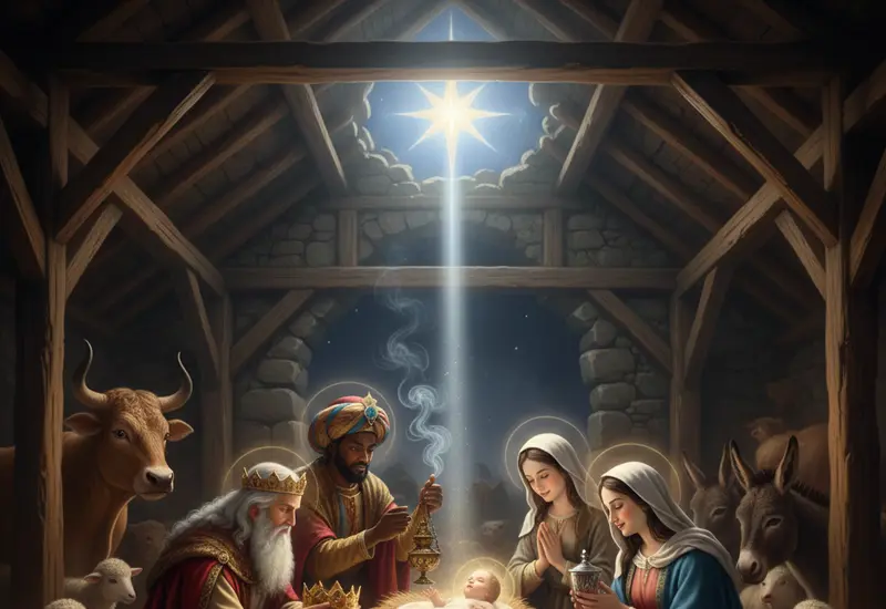 Una representación de los Tres Reyes Magos, Melchor, Gaspar y Baltasar, adorando al niño Jesús en el pesebre durante la celebración de la Epifanía.