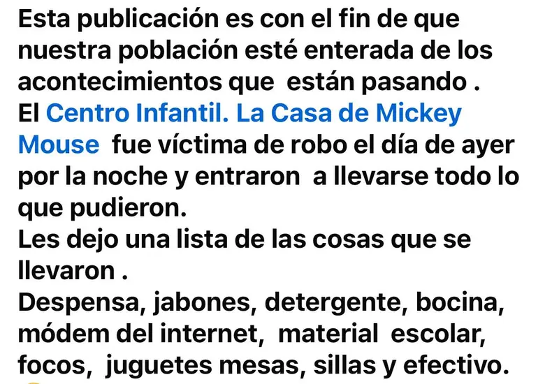 Comunicado en redes sociales emitido por las autoridades de un centro educativo infantil para informar sobre el robo de material didáctico.