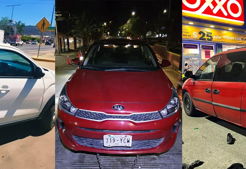 Los tres vehículos con reporte de robo que fueron recuperados por la Policía Vial Estatal, vistos estacionados juntos para la fotografía.