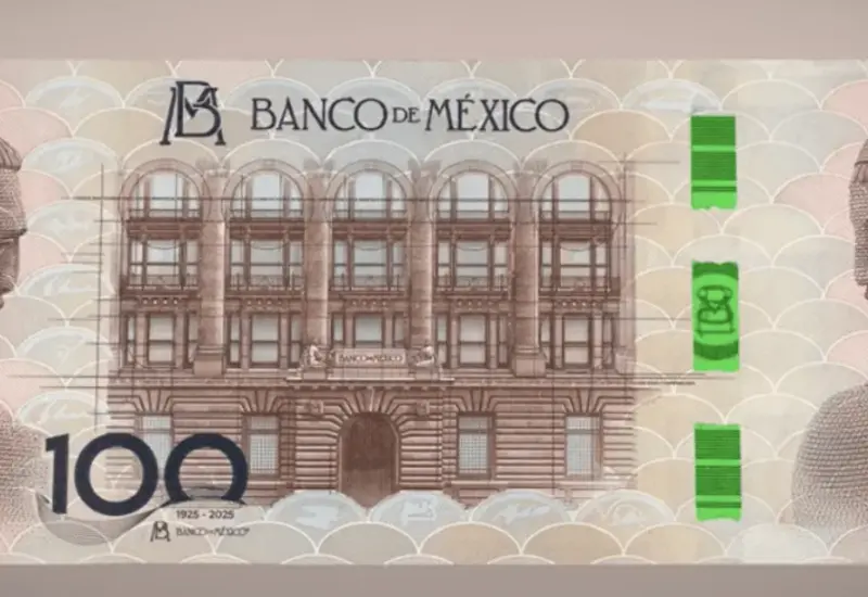El nuevo billete conmemorativo lanzado por Banxico para celebrar su centenario, una pieza de colección que no es válida para realizar pagos.