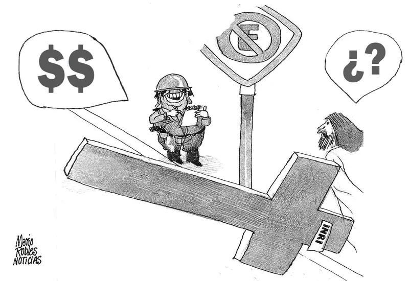 Caricatura política de Mario Robles que ilustra el debate sobre la Suprema Corte de Justicia y la aplicación de la ley en lengua tzeltal.