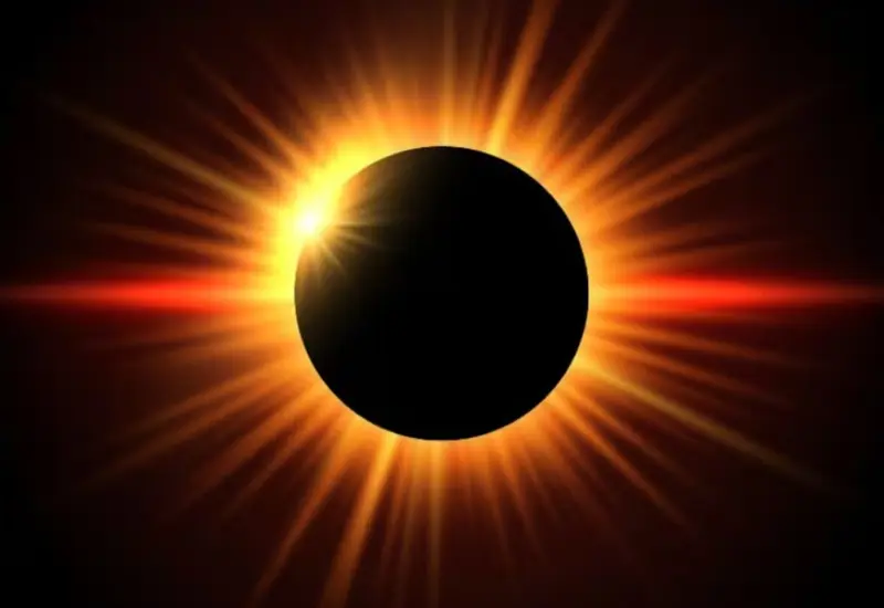 Imagen ilustrativa del eclipse solar anular, conocido como 'anillo de fuego', mostrando a la luna cubriendo el centro del sol.