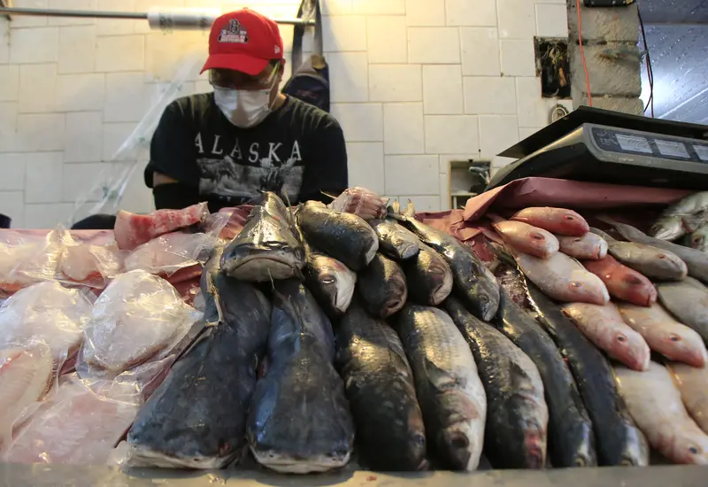 Un inspector revisa la frescura de mariscos en un mercado de Oaxaca como parte del Operativo de Cuaresma para garantizar la salud pública.