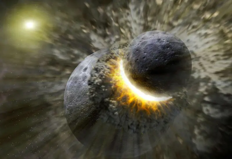 Ilustración de la colisión entre el planeta Theia y la Proto-Tierra, cuyos restos se cree que todavía existen en el interior terrestre.