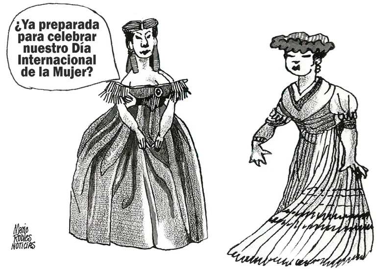 Caricatura política de Mario Robles que ilustra la lucha por la igualdad en Oaxaca, abordando las tensiones entre la tradición y el futuro.