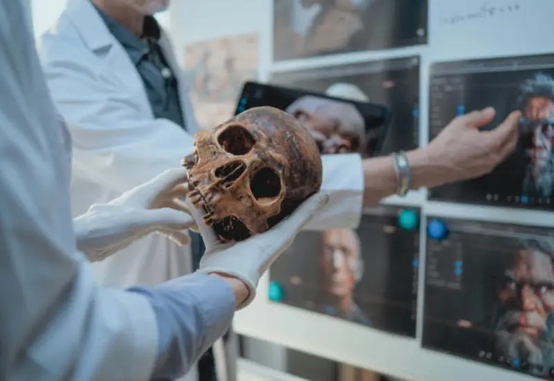 Una reconstrucción del Homo habilis, considerado el primer humano, mostrando su habilidad para crear herramientas de piedra o industria lítica.