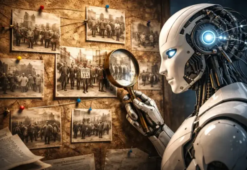 Una ilustración conceptual que muestra cómo los resúmenes históricos generados por inteligencia artificial influyen y alteran la opinión pública sobre el pasado.