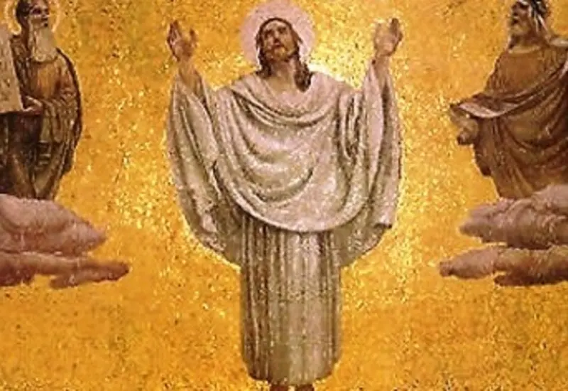 Una ilustración religiosa que muestra a los profetas Moisés y Elías dando testimonio de que Jesús es el Mesías, en referencia a la Transfiguración.