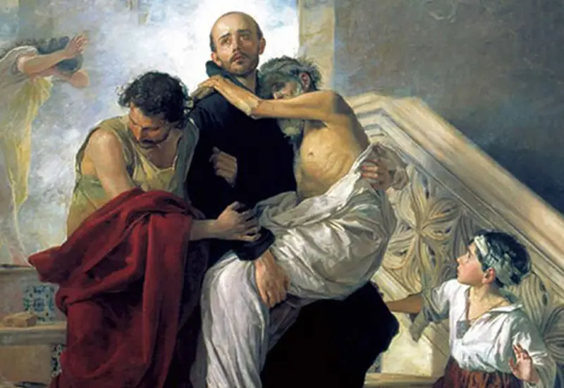 Una pintura o grabado histórico de San Juan de Dios, figura religiosa que fue declarada santa oficialmente en el año 1690.
