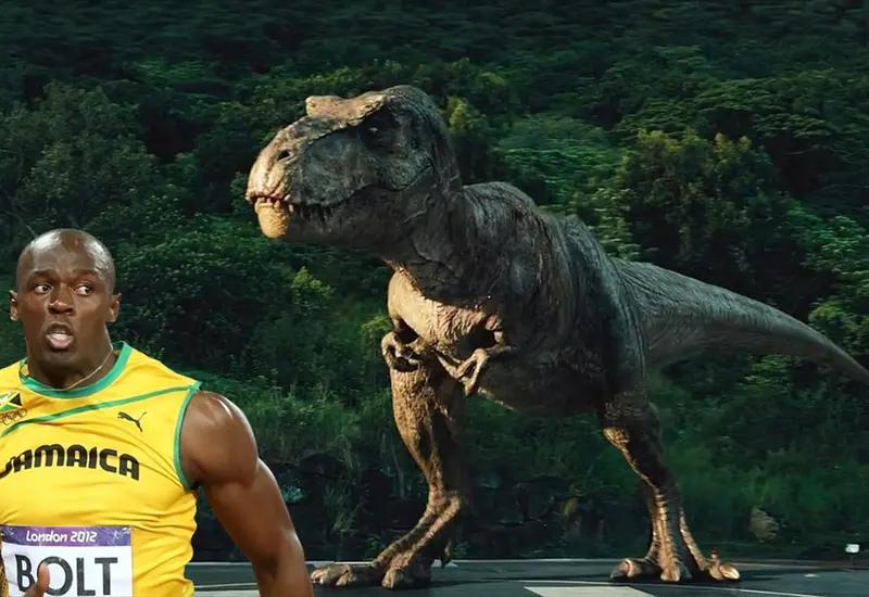 Representación de un Tyrannosaurus rex corriendo a gran velocidad, el depredador jurásico que podría superar la marca de los 100 metros de Usain Bolt.