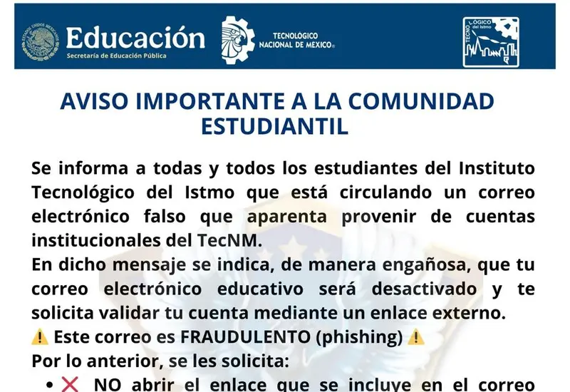 Correos falsos simulan avisos institucionales para robar credenciales.